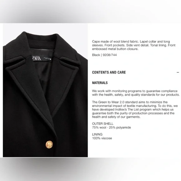 Zara Manteco Wool Blend Black Cape Coat with Gold Buttons women’s size L - Picture 3 of 9
